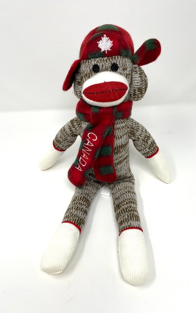 Sock Monkey Plush with Maple Leaf Plaid Trapper Hat and Canada Scarf