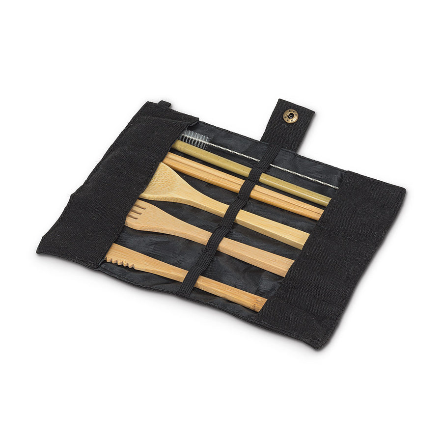 Bamboo Cutlery Set in Black Carrying Roll