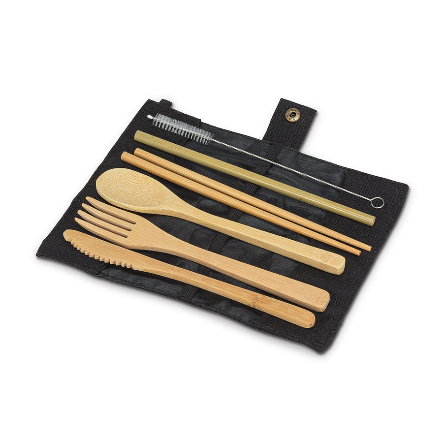Bamboo Cutlery Set in Black Carrying Roll