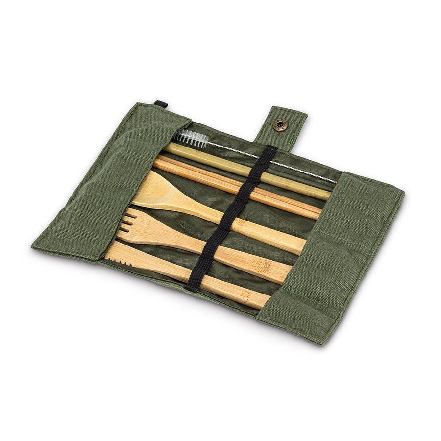 Bamboo Cutlery Set in Green Carrying Roll