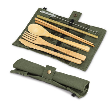 Bamboo Cutlery Set in Green Carrying Roll