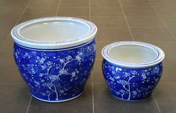 Cherry Blsossom Blue and White Fish Bowl Pot