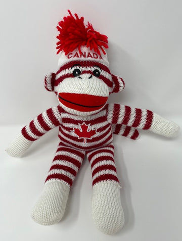 Red and White Sock Monkey Plush with Canada Toque