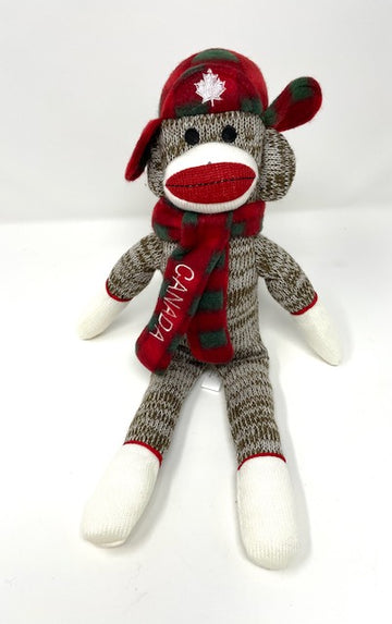 Sock Monkey Plush (Junior) with Maple Leaf Plaid Trapper Hat and Canada Scarf