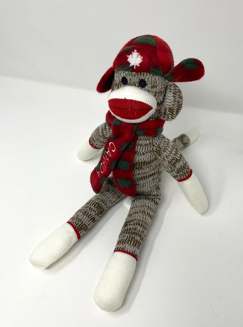 Sock Monkey Plush with Maple Leaf Plaid Trapper Hat and Canada Scarf