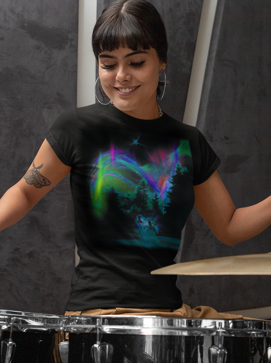 Wolf Beneath the Aurora Borealis Black Adult Tee