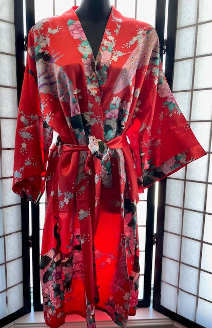 Peacock Floral Print Red Short Robe