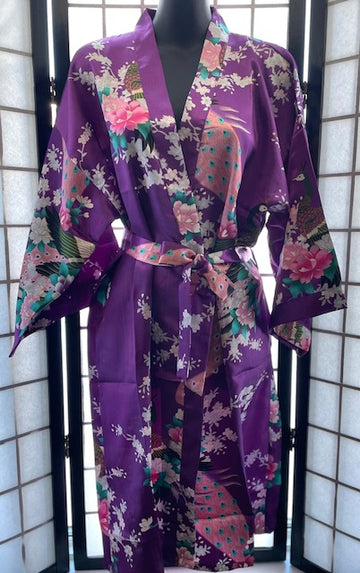 Peacock Floral Print Purple Short Robe