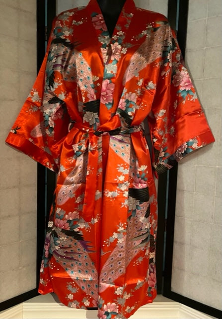 Peacock Floral Print Red Short Robe