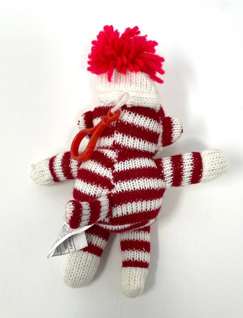 Red and White Sock Monkey Plush Backpack Clip