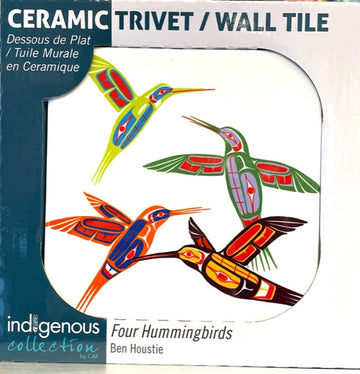 Four Hummingbirds Indigenous Art Ceramic Trivet / Wall Tile
