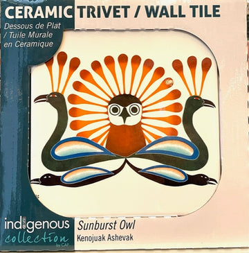 Sunburst Owl Indigenous Art Ceramic Trivet / Wall Tile